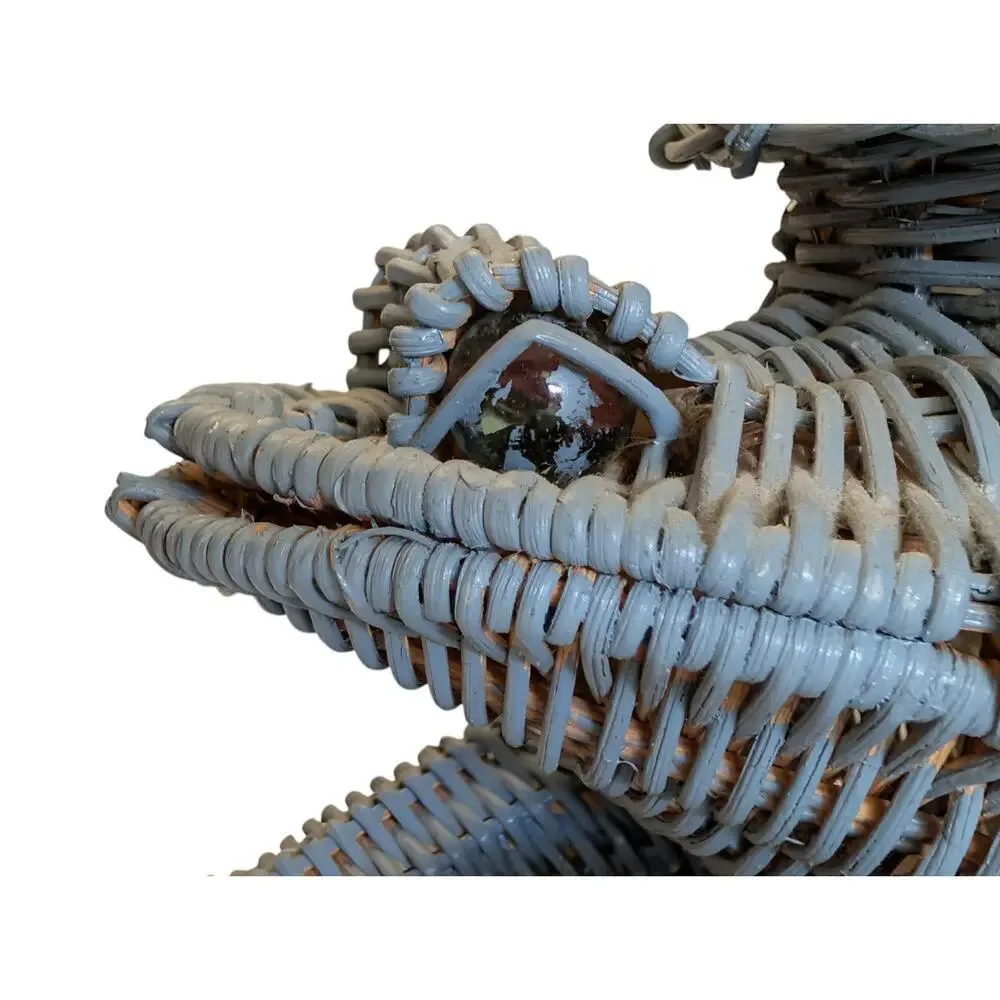 Vintage Wicker Frog Basket Planter with Marble Eyes Blue Cottagecore Farm Small